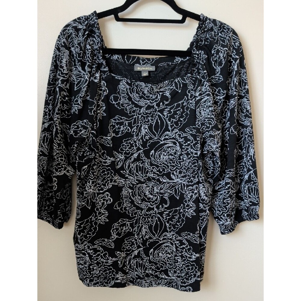 Style & Co. Black Floral Square-Neck Peasant Top - Cotton/Modal Knit - Size L